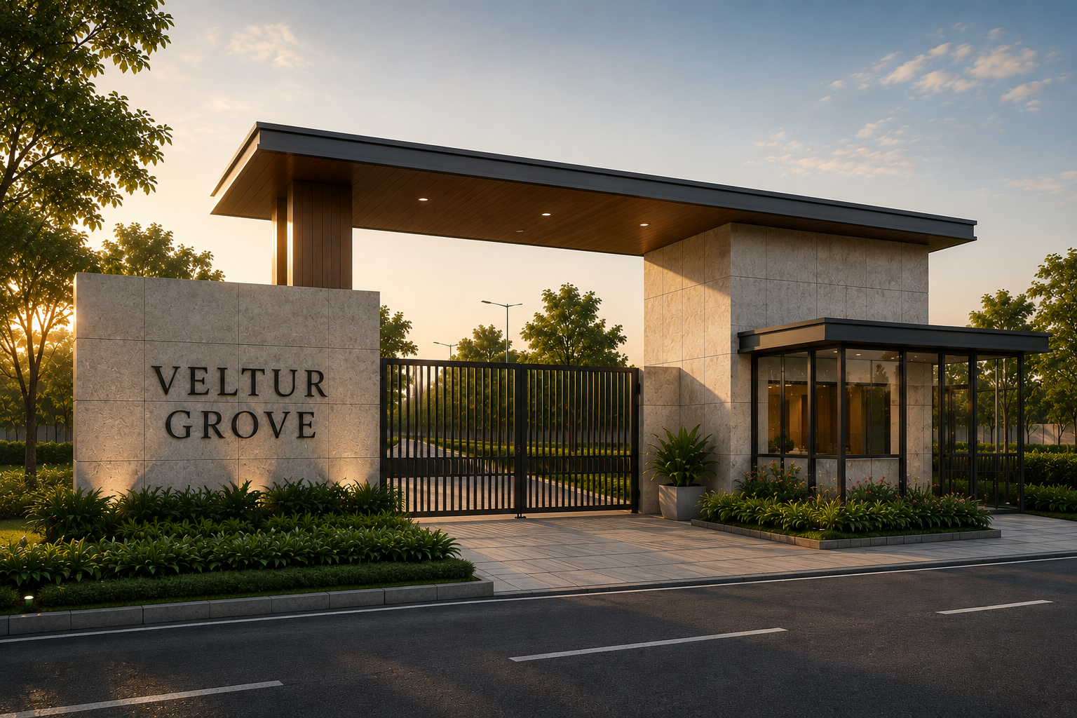 Entry court and wall signage for Veltur Grove